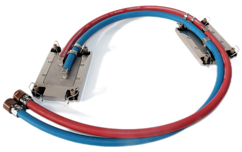 ToneCooling Intel Eagle Stream dual-socket CPU liquid cold plate set, copper, colour-coded quick-disconnect hoses