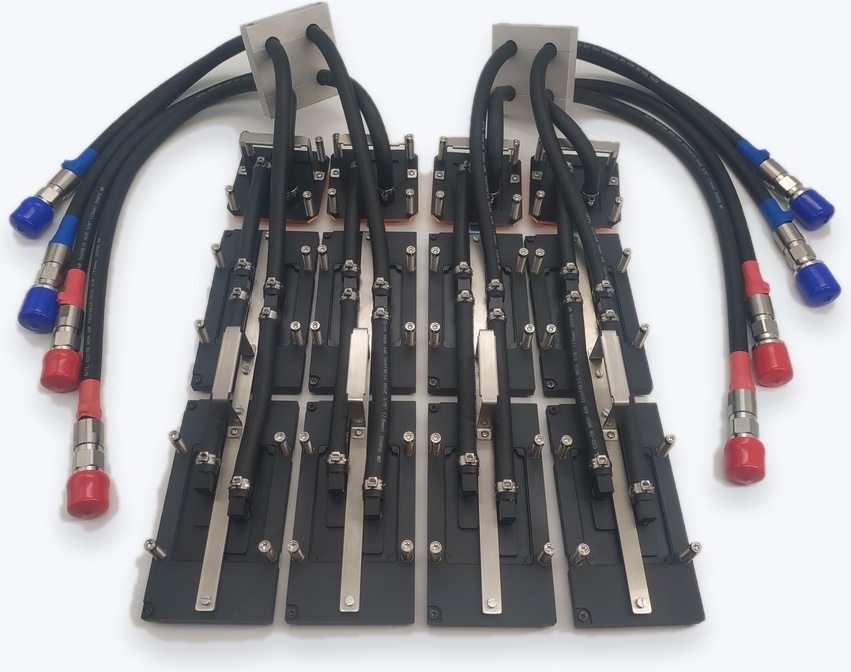 ToneCooling NVIDIA H100 GPU and NVSwitch liquid cooling assembly, copper cold plates with colour-coded quick disconnects