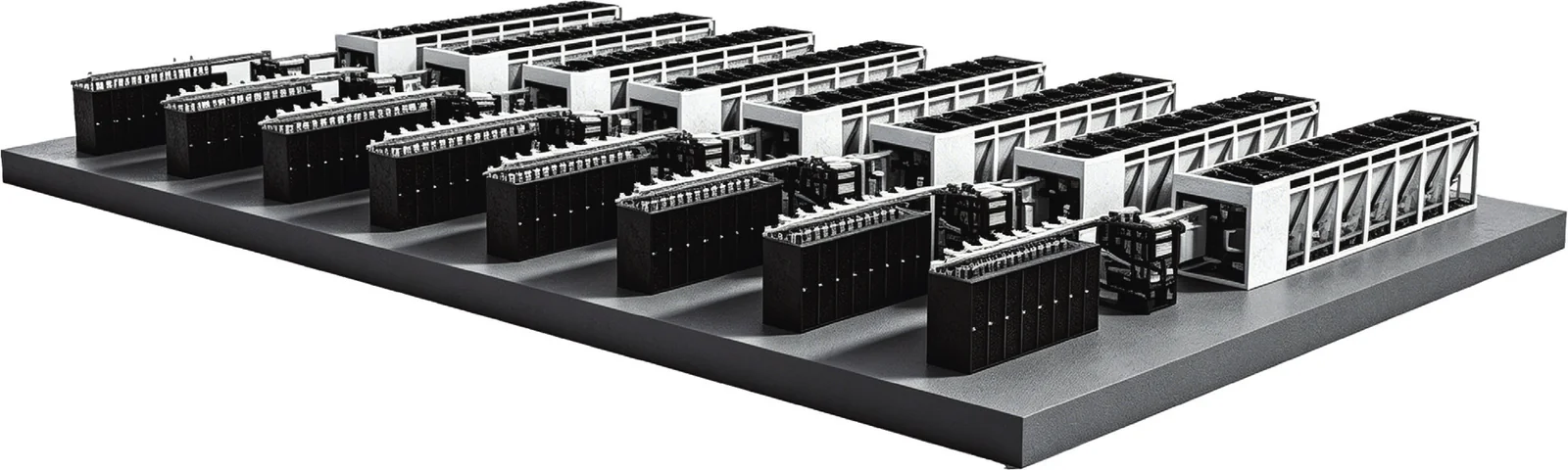 Rendered layout of rack rows connected through pump skids to dry coolers in a direct-to-chip liquid-cooled data centre