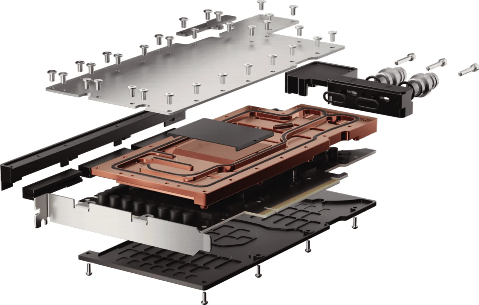 Exploded view of a PCIe GPU liquid cold plate assembly showing the copper cold plate, cover plate, backplate, fittings and mounting hardware